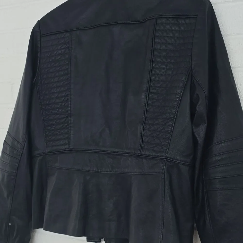 Tory Burch Leather Biker Jacket Cropped Navy Size 14